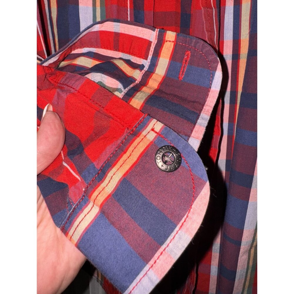 Tommy Hilfiger Jeans Red & Navy Plaid Long Sleeve Button-Up Shirt L color block - Picture 5 of 8